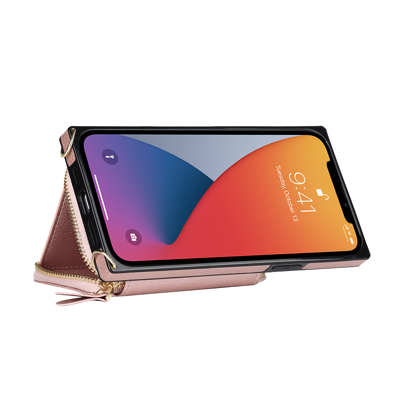 iPhone 13 Pro Necklace Leder Schutz Hülle mit Kartenfächer   Handykette (140cm) - Roségold