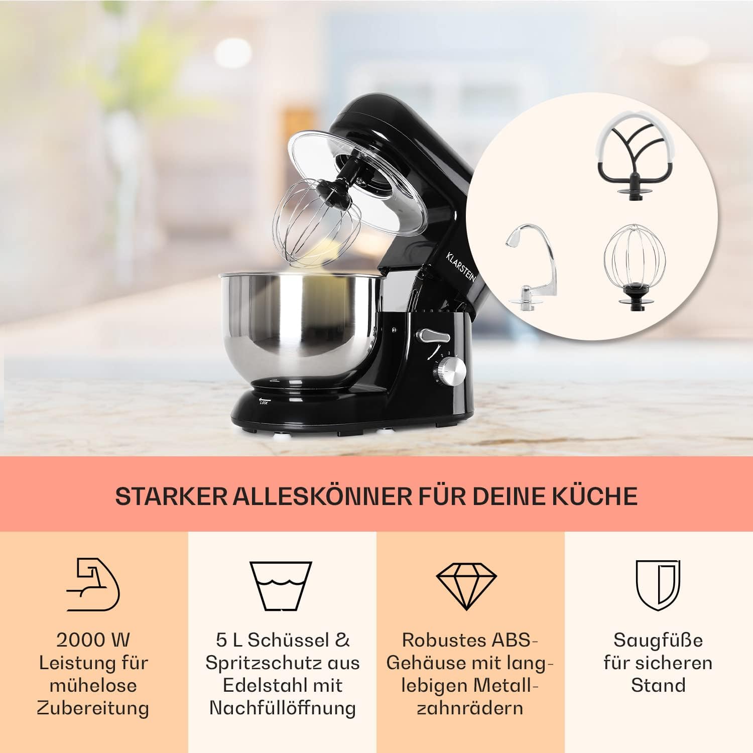 Klarstein Bella Nera Küchenmaschine Rührgerät (1200 Watt, 5,2 Liter-Rührschüssel, 6-stufige Geschwindigkeit) schwarz