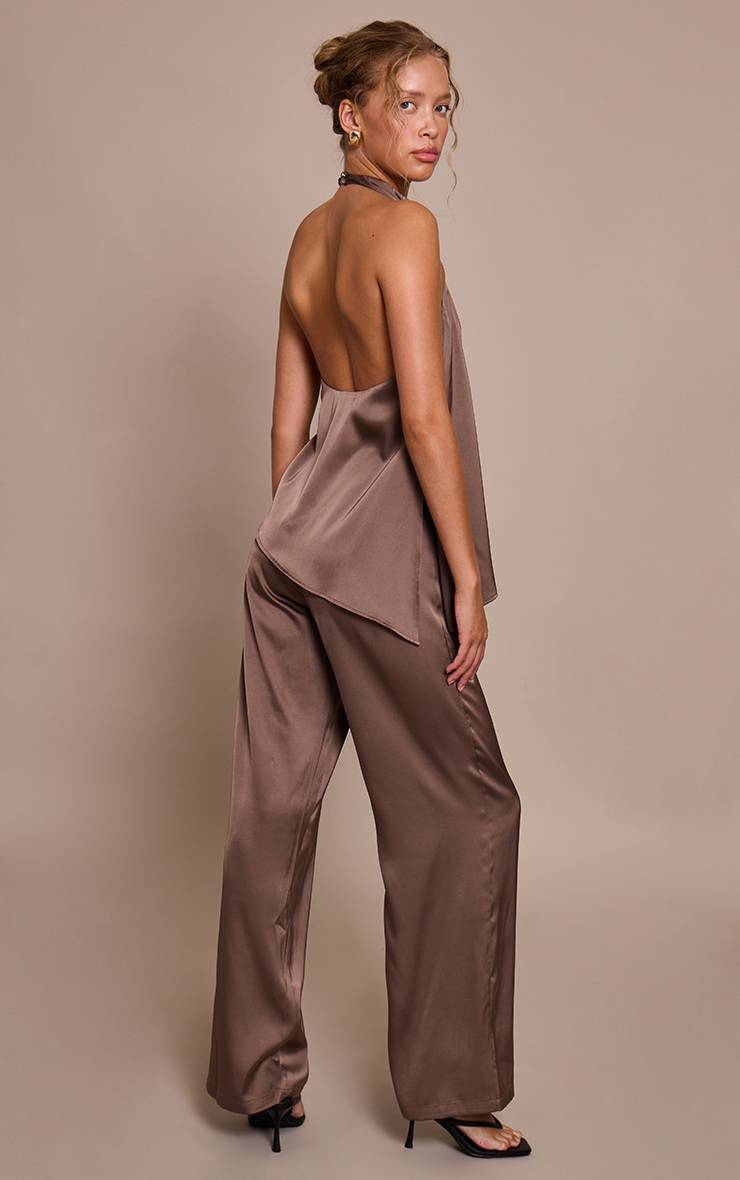 Marron Combinaison-pantalon Satinée Drapée À Col Licou Et Jambes Larges