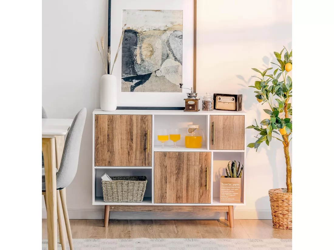 Buffet Salon Cuisine avec 3 Placards et 3 Étagères Ouvertes, Meuble Cuisine Rangement 4 Pieds Utilisation pour Salon Salle à Manger Bar, 95 x 31 x 76 cm