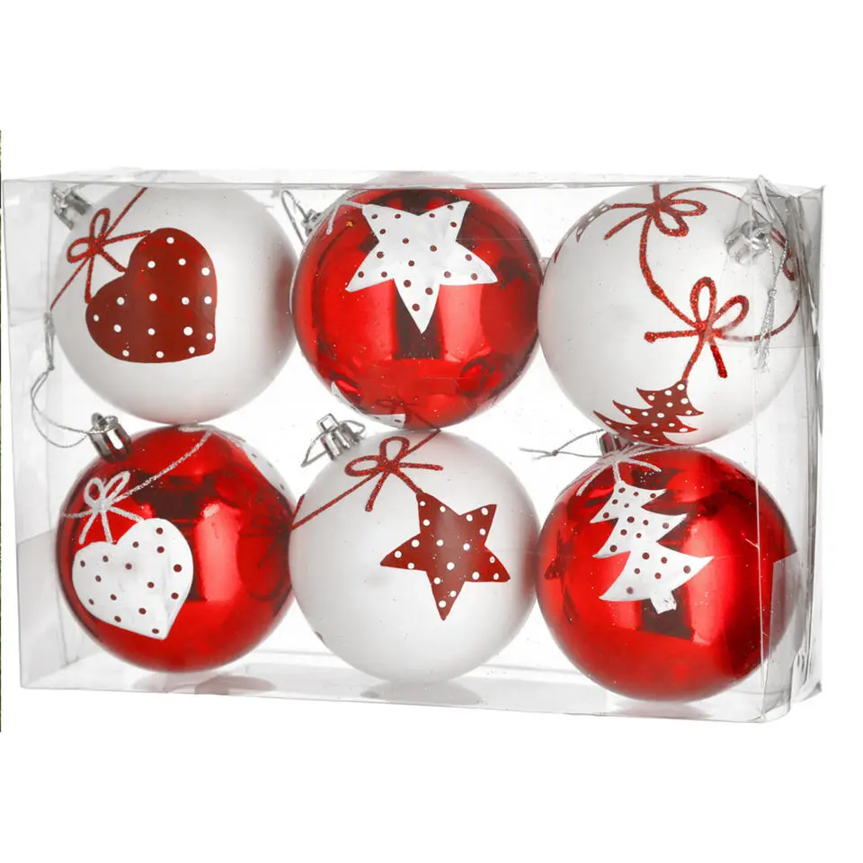 Cepewa Kerstballen - 6x - rood - wit - kunststof - 6 cm