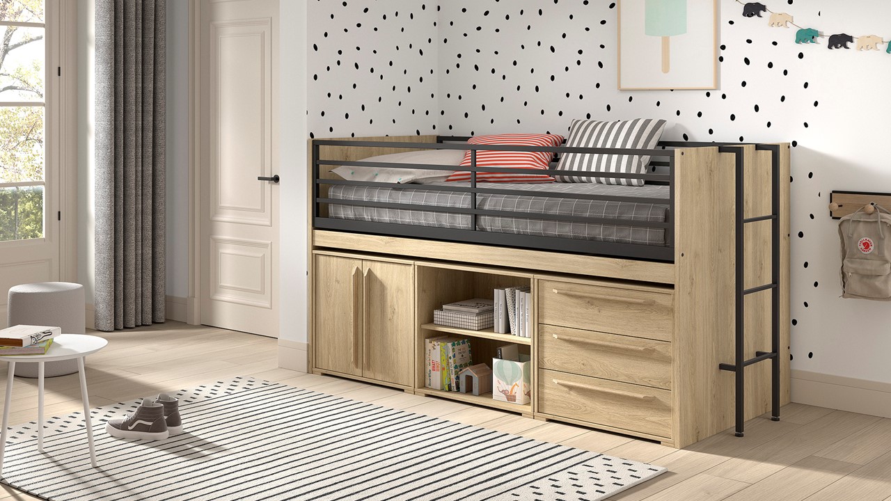 Halfhoogslaper Sam met boekenkast, commode 2 deuren en commode 3 laden eik