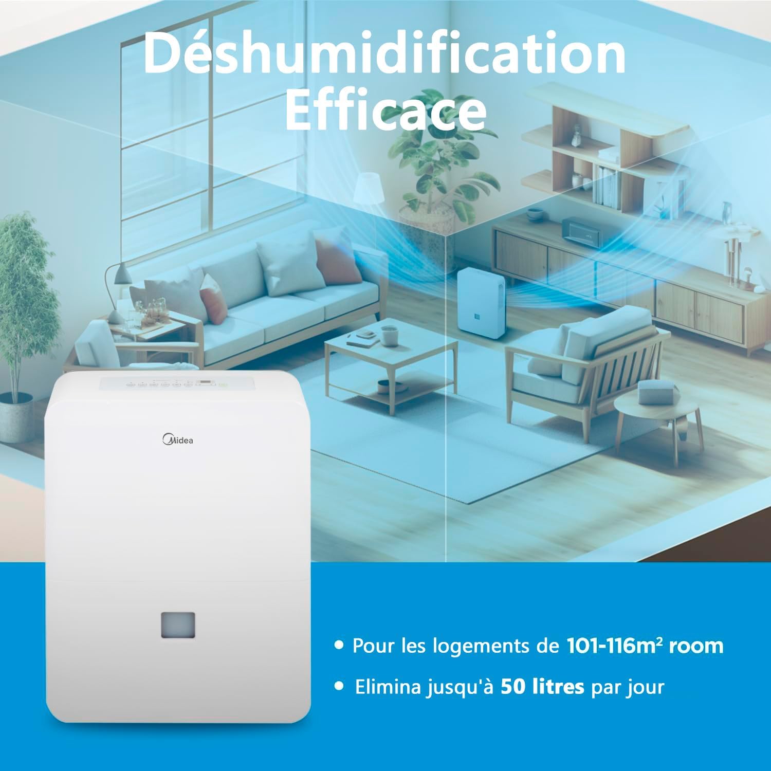 MIDEA Déshumidificateur industriel grande capacité 50 l pour humidité intérieure jusqu'à 112 m² / 300 m3 - Déshumidificateur d'humidité grands espaces avec réservoir amovible - Démufier faible