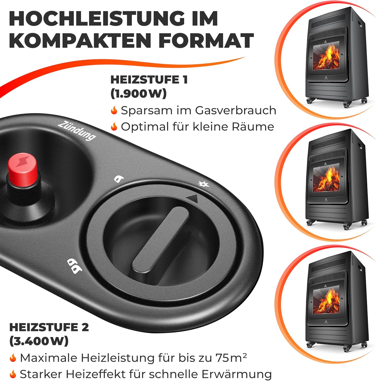 KESSER® Gasheizer Gasheizofen Heizstrahler 3,4 kW Gas Kamin inkl. Gasdruckregler & Gasschlauch, 2 Heizstufen Infrarot 3400W Gasheizstrahler Gasheizung Butan- oder Propangasflaschen bis 11kg Schwarz