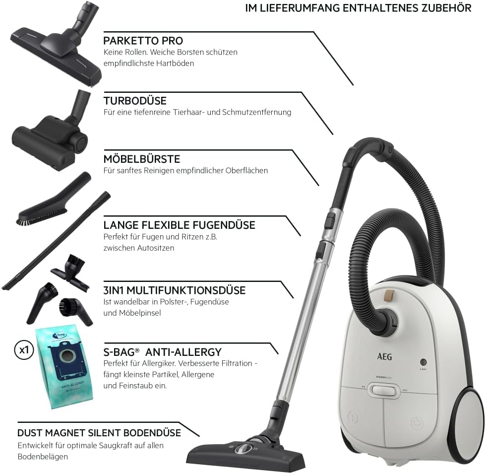 AEG AB61H6SW Staubsauger mit Beutel / hohe Saugleistung auf allen Böden / inkl. Zusatzdüsen / 50 % Recyclingkunststoff / ideal für Asthmatiker, Allergiker, Haustierbesitzer / 12 m Kabel / 850 W / weiß
