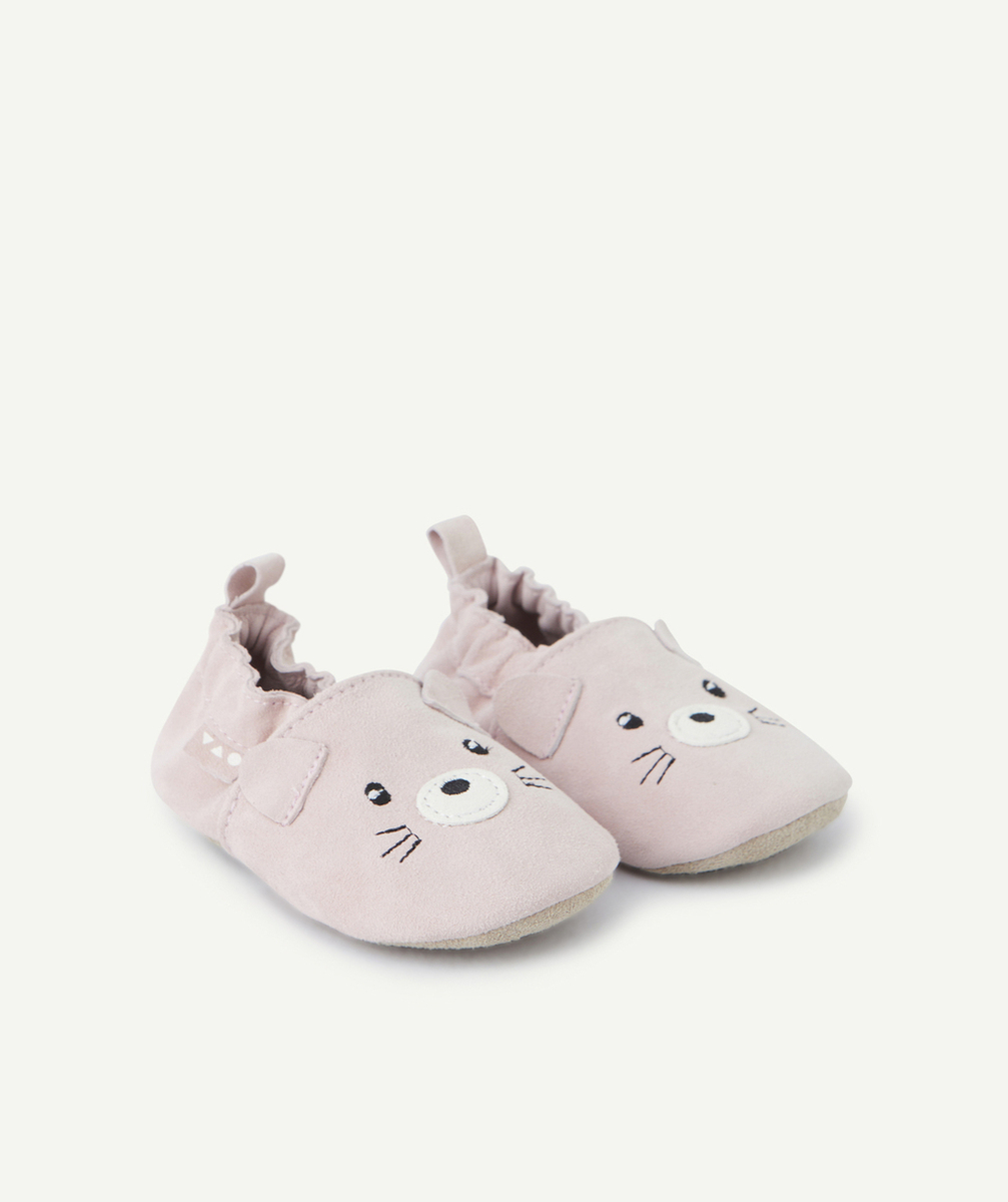 CHAUSSONS EN CUIR BÉBÉ FILLE ROSE AVEC MOTIF OURS