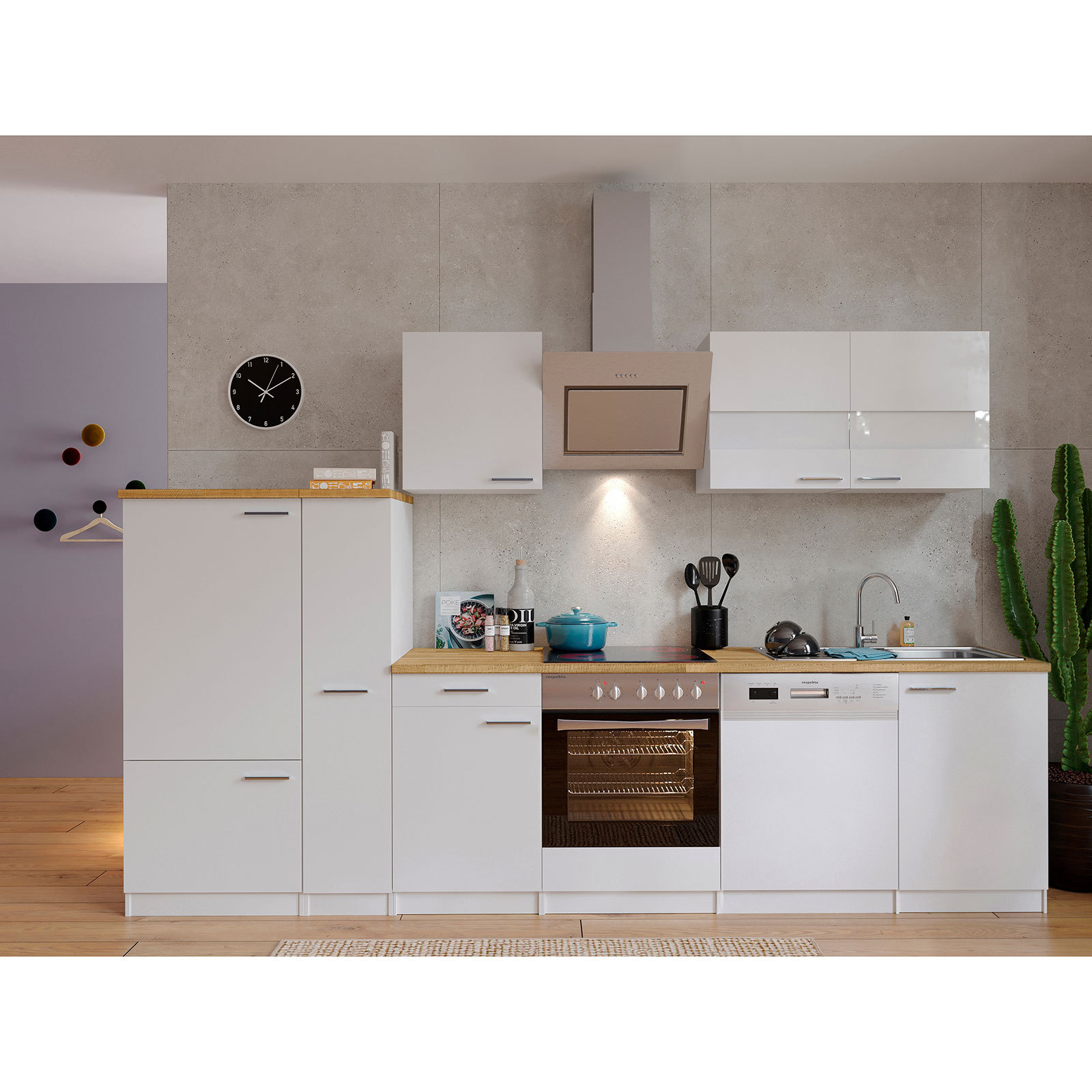 RESPEKTA Küchenblock - weiß - mit E-Geräten - 310 cm