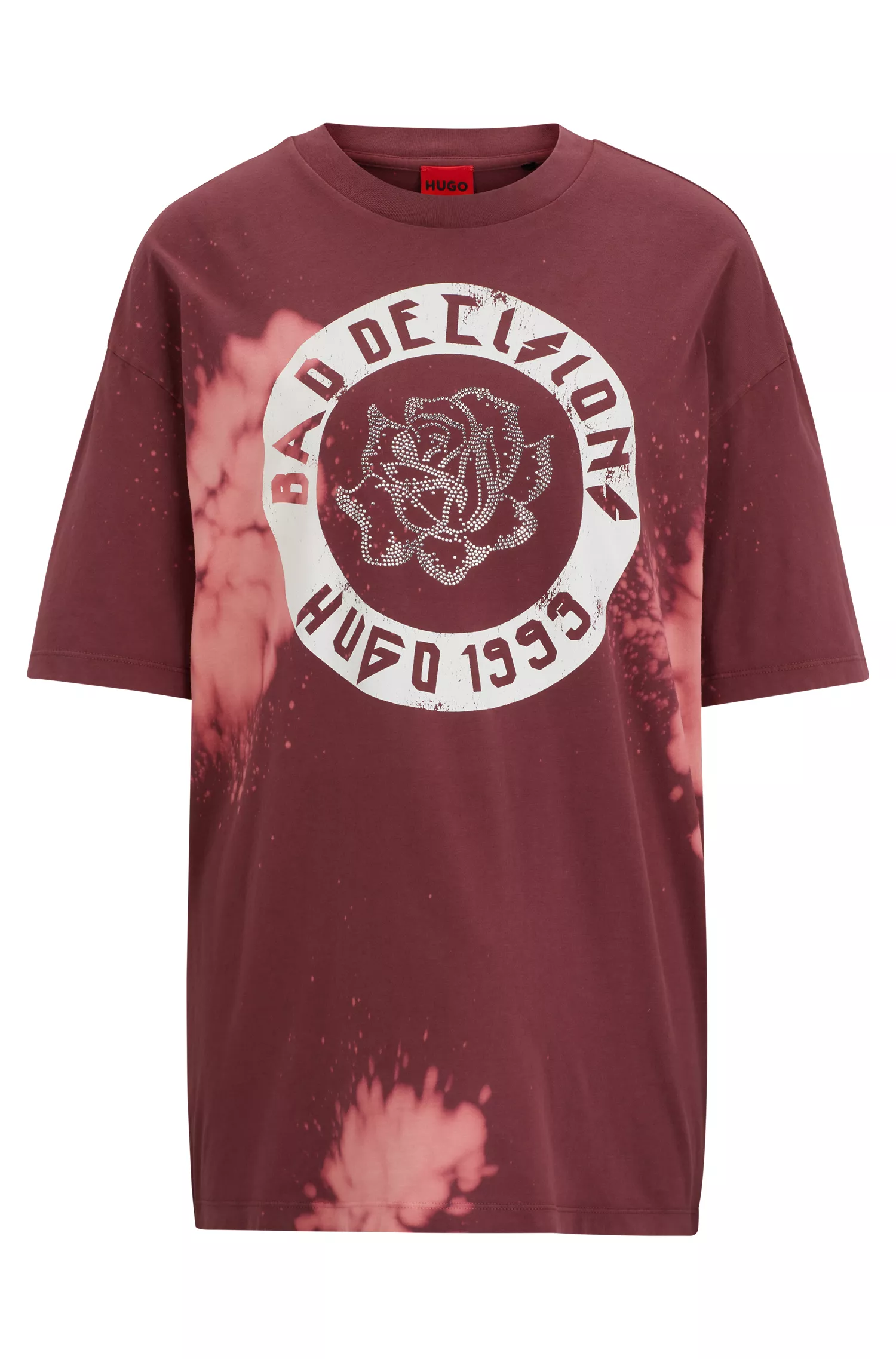 Camiseta HUGO vermelha, modelagem oversized, em algodão com estampa sazonal.