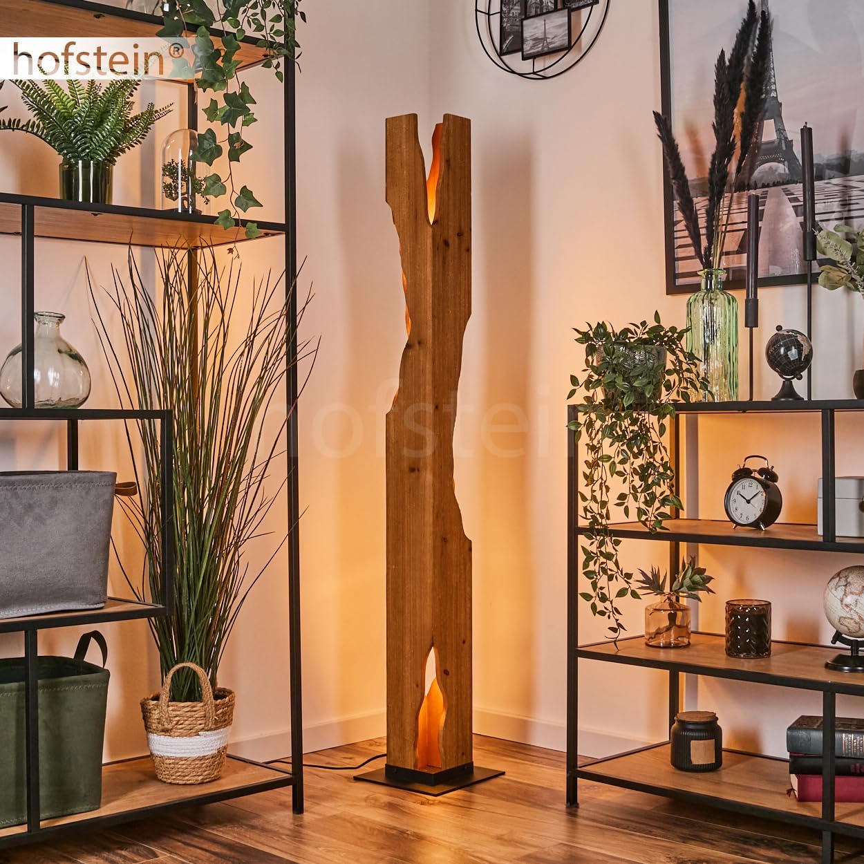 HOFSTEIN Stehleuchte Sernadelo, moderne Stehleuchte aus Metall/Bambus in Schwarz/Naturfarben, geschwungene Leuchte im Boho-Style mit Fußschalter am Kabel, Höhe 141 cm, 4 x E27, ohne Leuchtmittel
