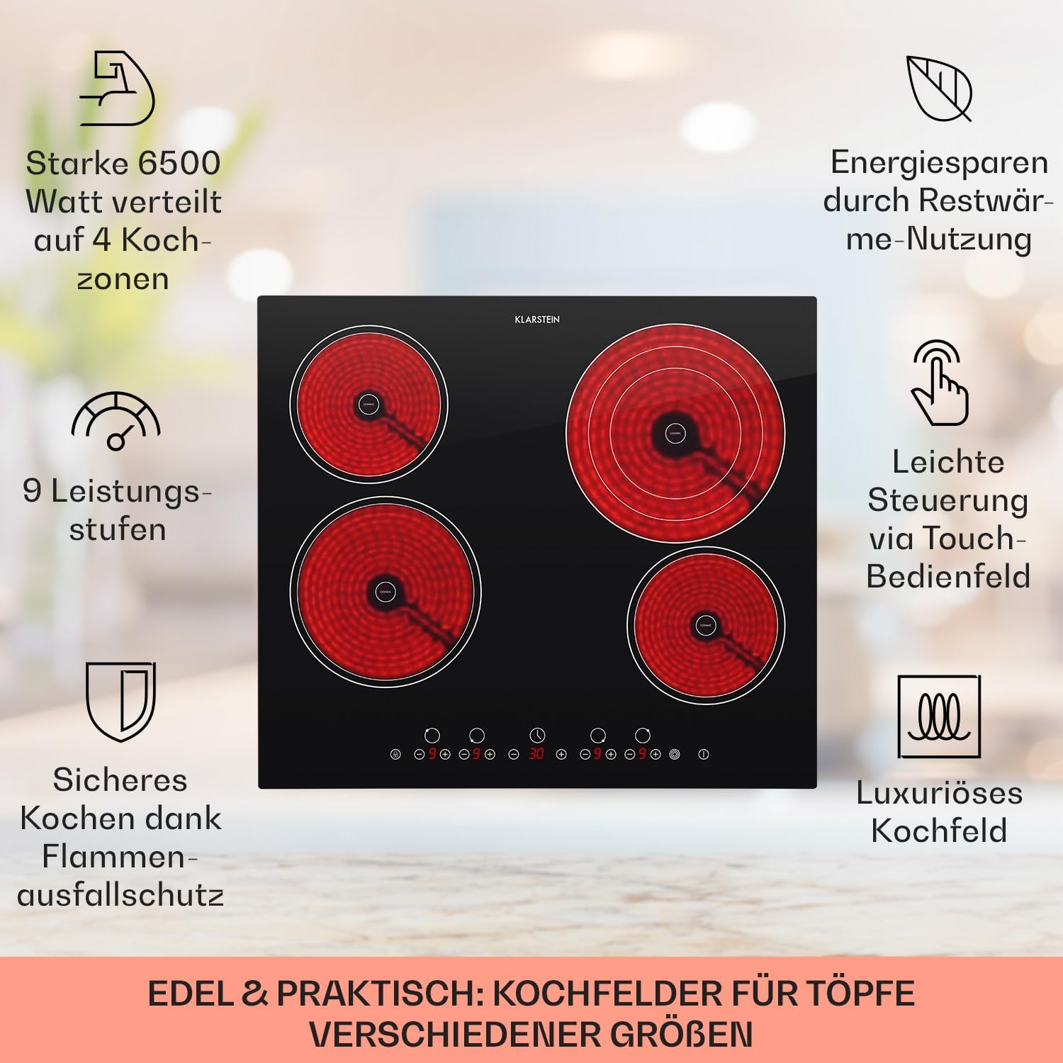 Klarstein Glaskeramik Kochfeld, Einbau-Kochfeld mit 4 Platten, 6500 W Elektro Kochfeld zum Kochen, Modernes Glaskeramikkochfeld, Glaskeramik Herdplatte mit 4 Kochfelder, Einbau Kochfeld Keramik
