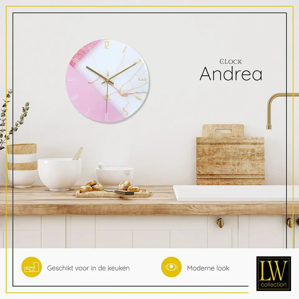 LW Collection Keukenklok Andrea wit roze 30cm