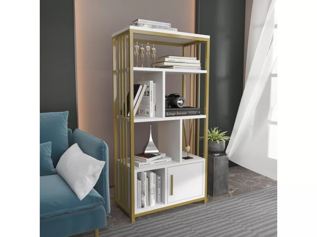Bibliothèque en métal Valero avec placard (Doré et Blanc)