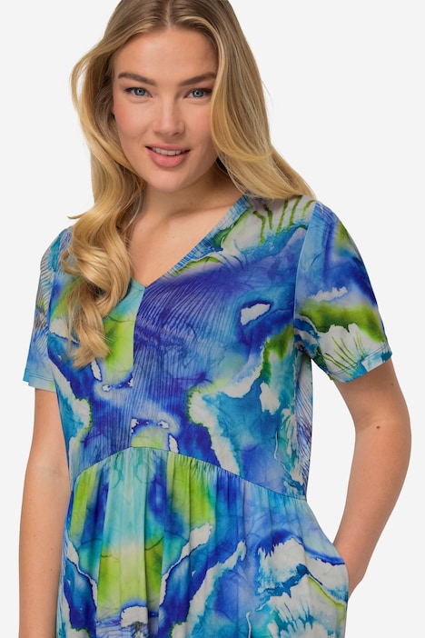 Jerseykleid, Batik-Blüten, V-Ausschnitt, Halbarm