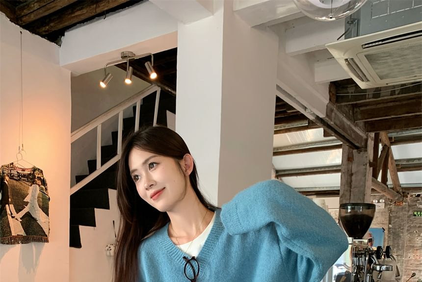 Joyciful - V-hals effen oversized trui / Mid waist effen wijde broek