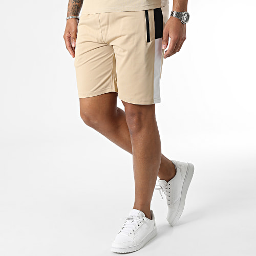 Ensemble Polo Manches Courtes Et Short Jogging Beige Noir Blanc