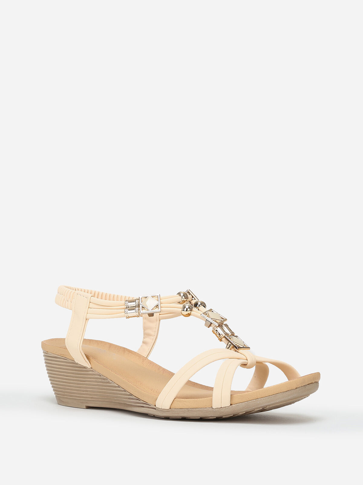 Sandales compensées à brides perles et strass- Beige