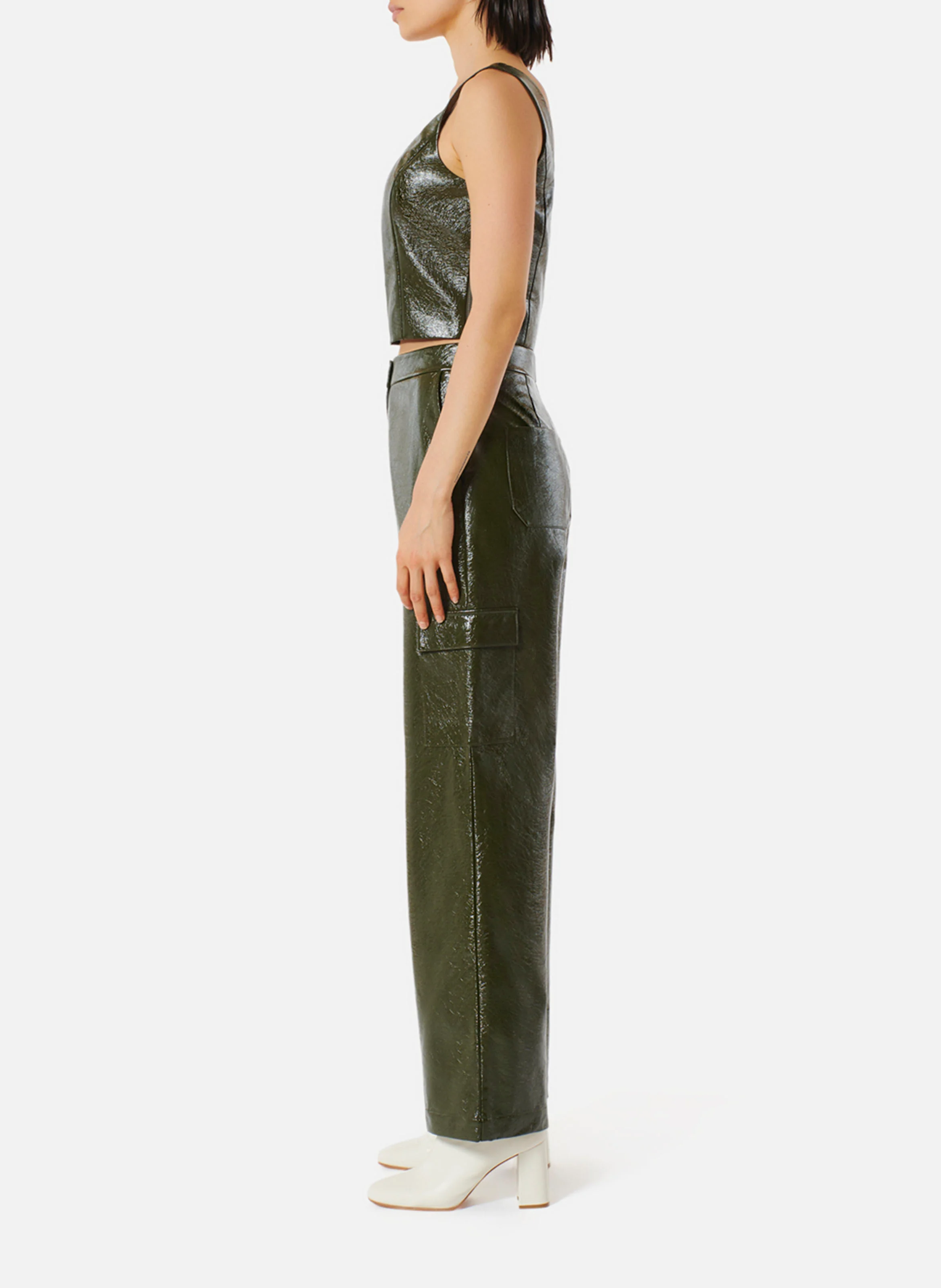 PARADIS - Pantalon large taille haute effet cuir | Vert