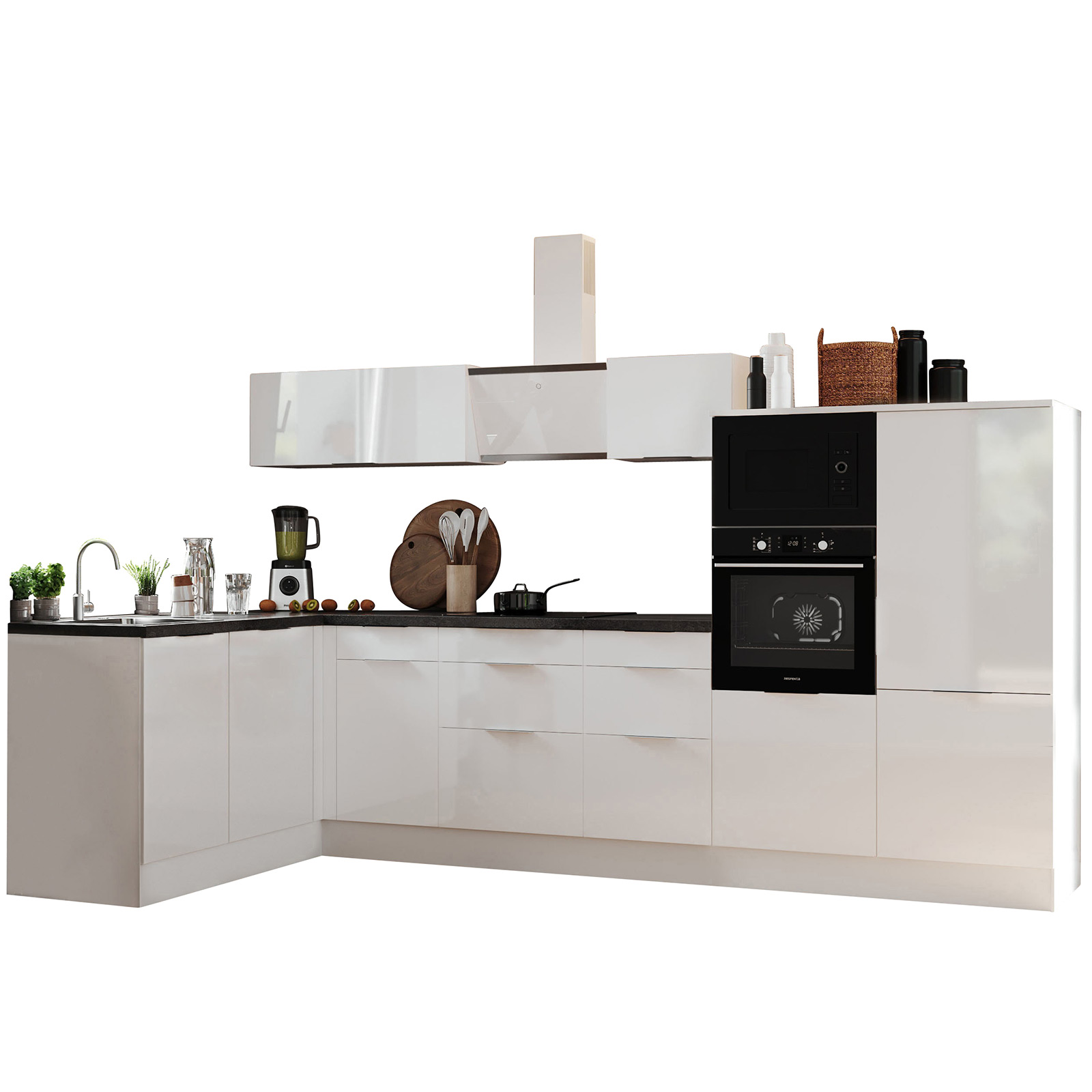 RESPEKTA Winkelküche - weiß Hochglanz - weiß matt - mit E-Geräten - 340x175 cm