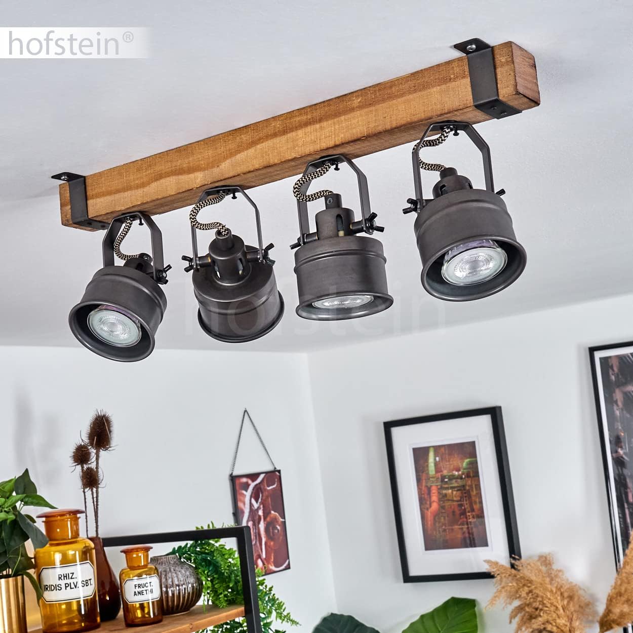 Deckenleuchte Pehefito, Deckenlampe im Vintage-Design aus Metall/Holz in Schwarz/Braun, Retro-Leuchte mit Holzbalken und verstellbaren Strahlern, 4-flammig, 4 x GU10-Fassung, ohne Leuchtmittel