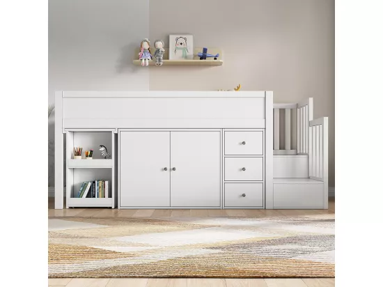 Lits superposés pour enfants 90 * 200 avec Bureau extensible, armoire, tiroirs, escalier, MDF, blanc