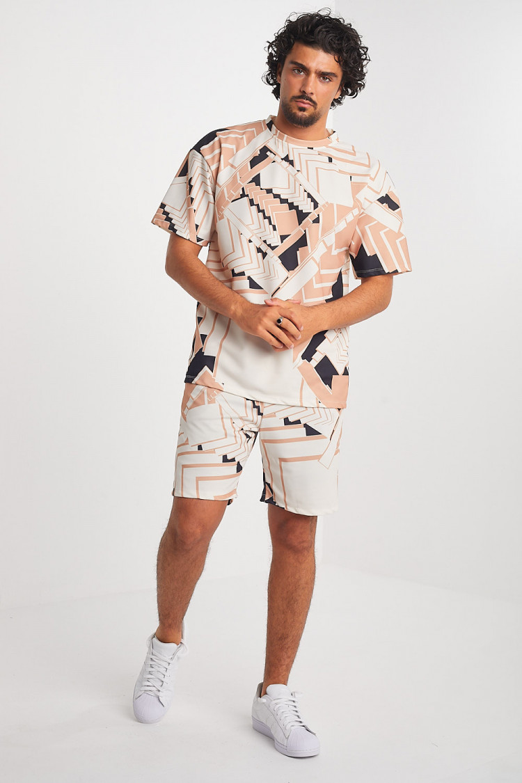 Ensemble 2 pièces t-shirt + short à motif géométrique tricolore
