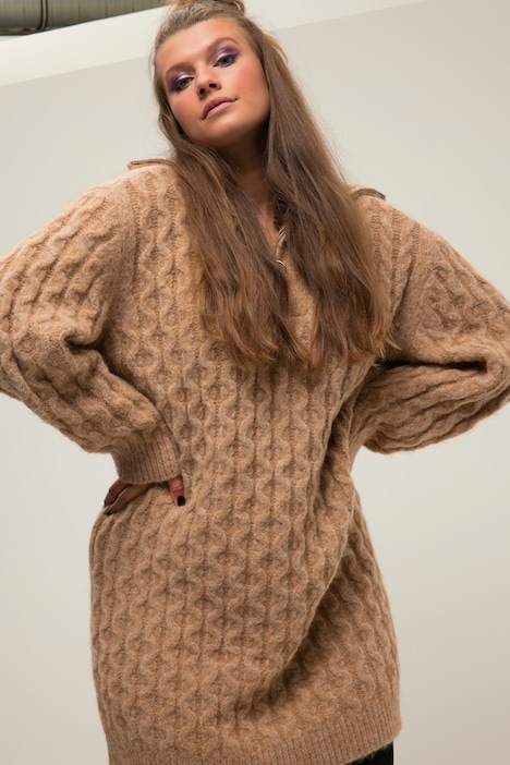Strickkleid, Straight Shape, Zopf-Muster, Troyer-Kragen, Langarm