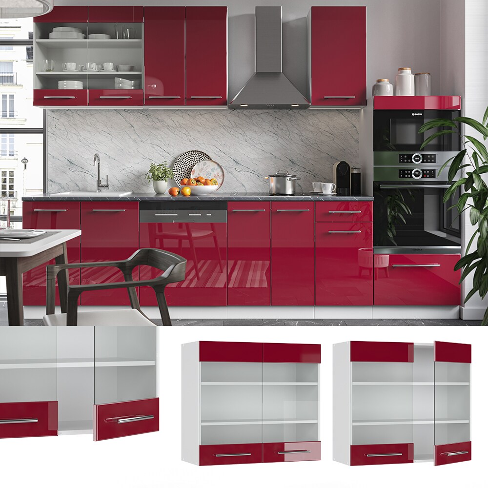 VICCO Hängeglasschrank 80 cm Bordeaux Hochglanz Küchenschrank Hängeschrank Küchenzeile Fame-Line