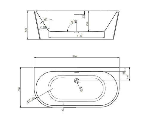 Jungborn Badkuip ONE Back to Wall 80 x 170 cm wit glanzend