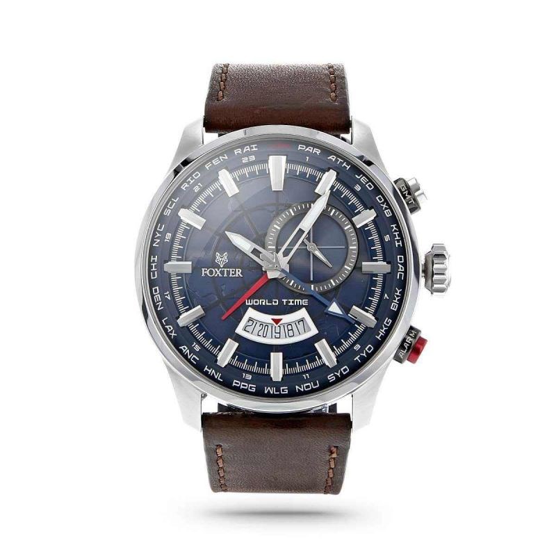 Montre Homme Foxter Avalone bracelet cuir marron, boitier acier et fond bleu - FR6040C4BC2