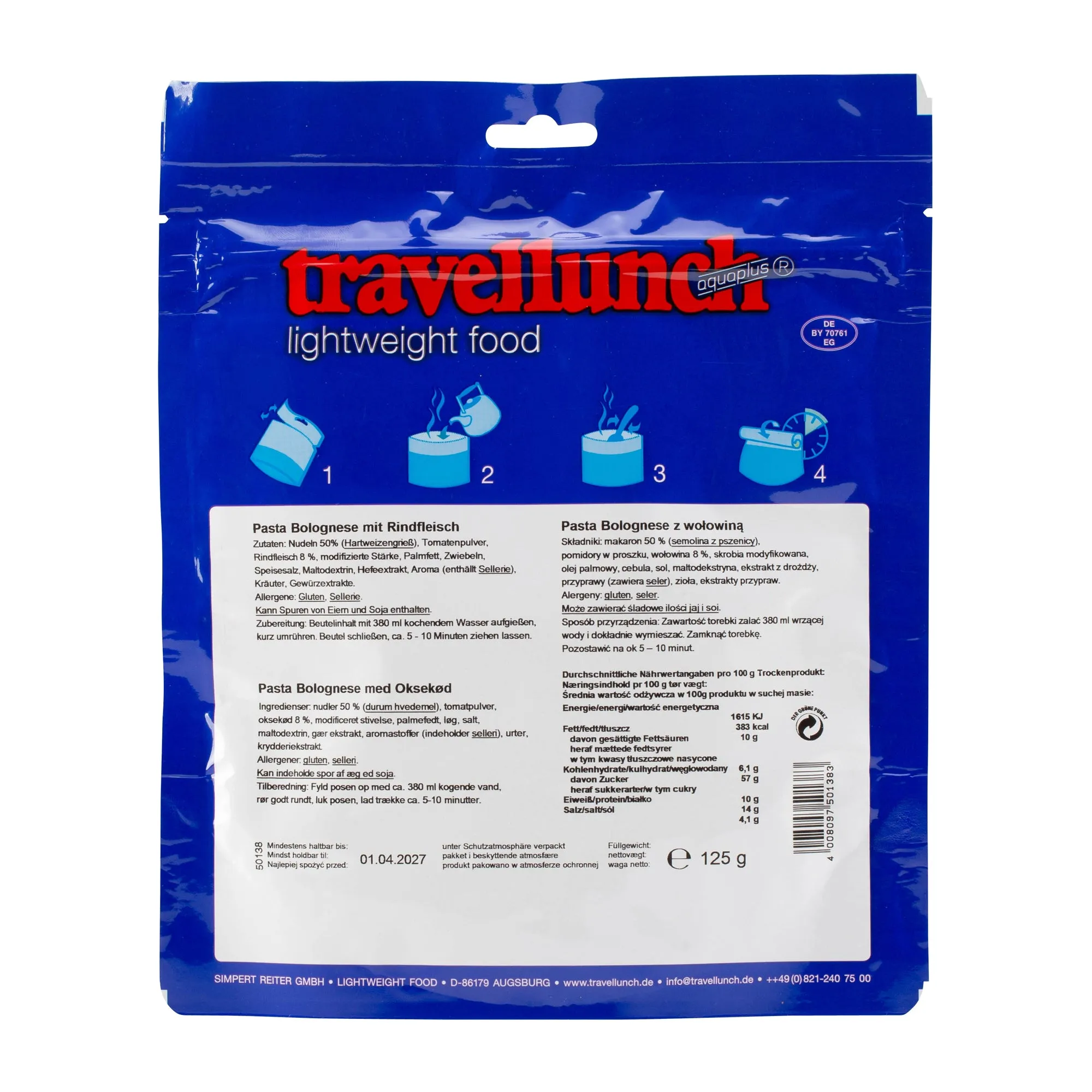 Travellunch -  Pasta Bolognese mit Rindfleisch 1er Packung