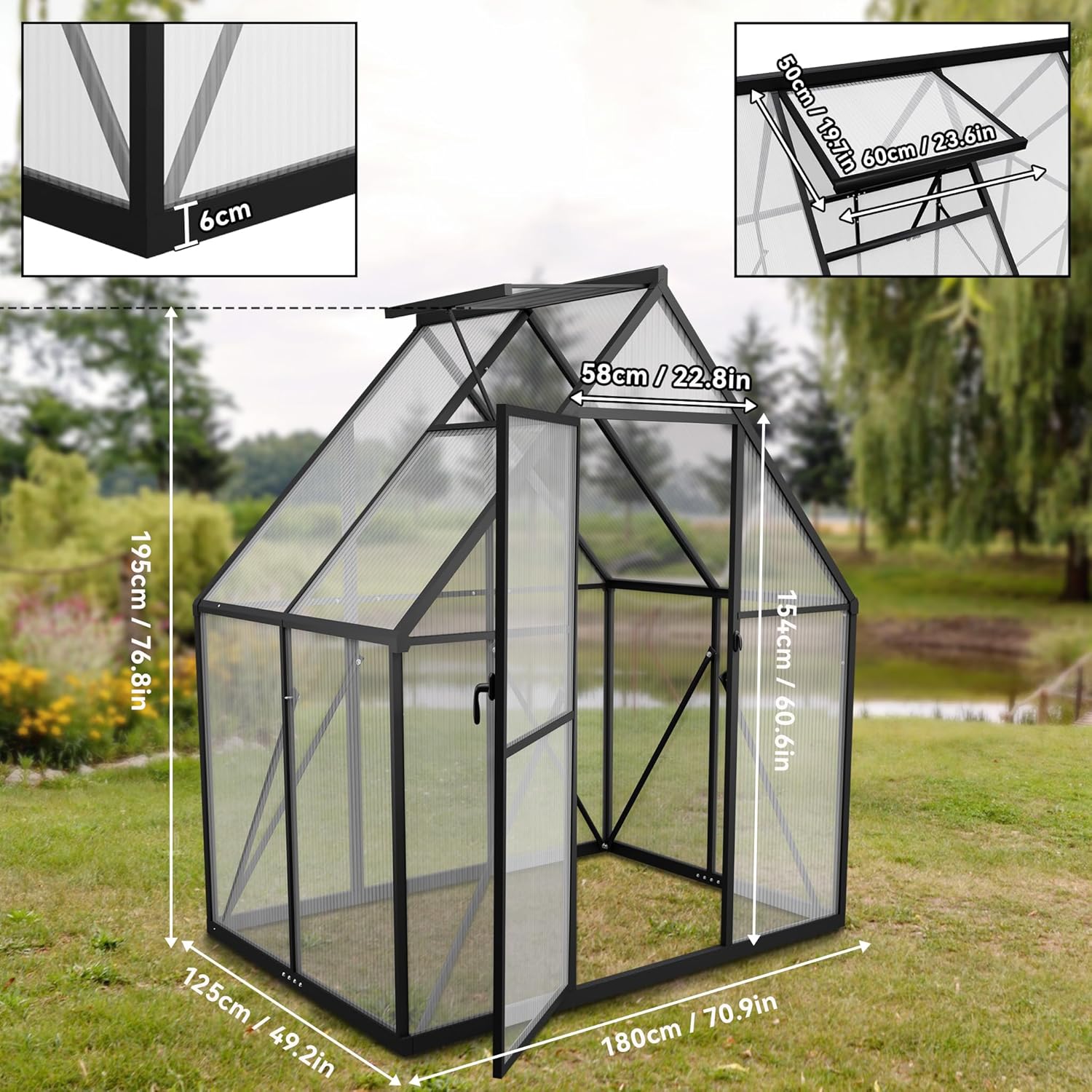 Aufun Premium Gewächshaus Aluminium, 2.25m² Gartengewächshäuser mit 6 cm Fundament und 4 mm PC Platte Treibhaus Tomatenhaus Gartenhaus UV beständig Wetterfest für den Garten, 125x180x195 cm
