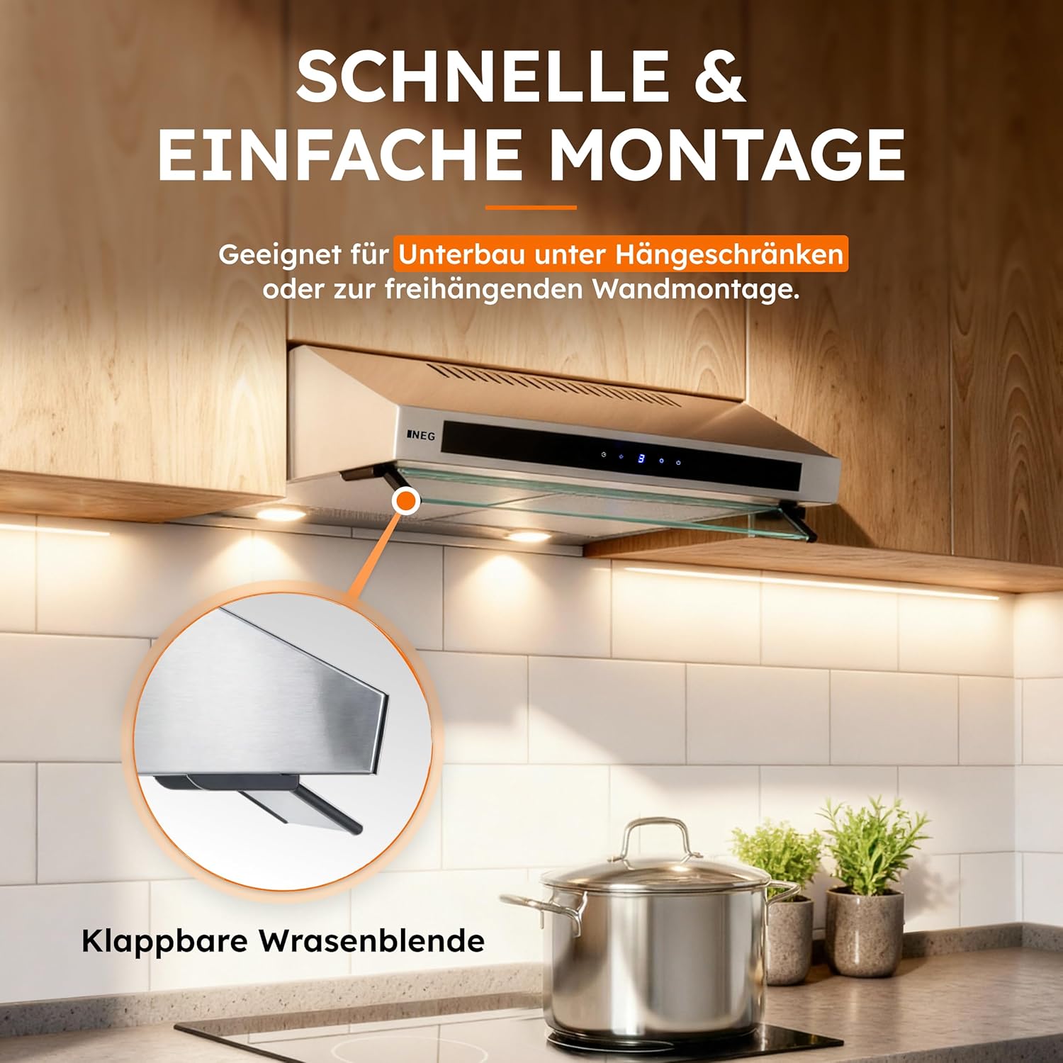 NEG Doppelmotor Design Unterbau-Dunstabzugshaube NEG15-TDLS+ (silber,Edelstahl), Glas-Front mit Sensor Touch, 322 m³/h Luftleistung, Nachlauffunktion, Abluft und Umluftbetrieb