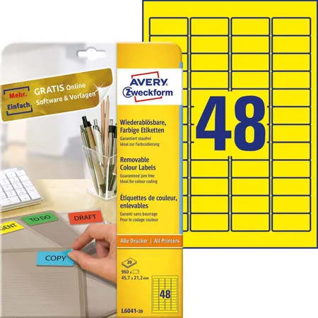 Avery Zweckform L6041-20 Farbige Etiketten,A4 45,7 x 21,2 mm, 20 Bogen/960 Etiketten, gelb