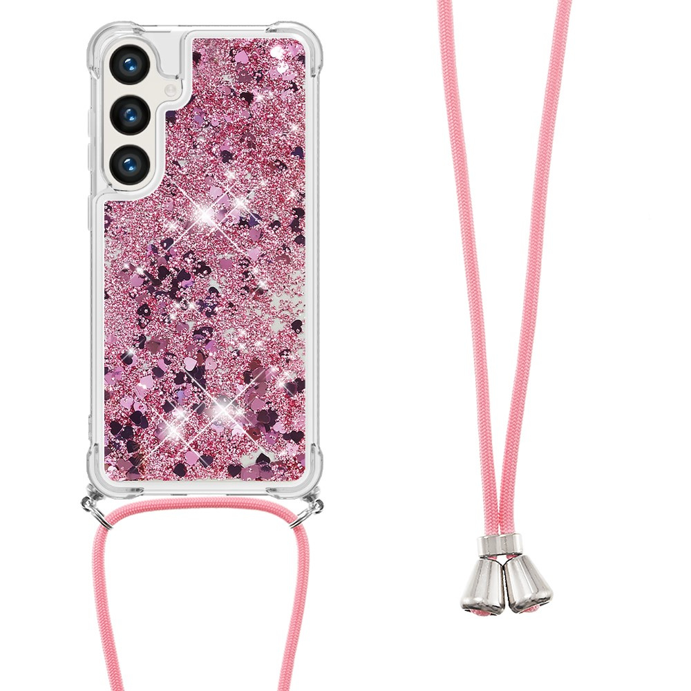 Samsung Galaxy S24 Necklace Gummi Hülle Liquid Glitzer   Handykette (130cm) - Pink / Silber