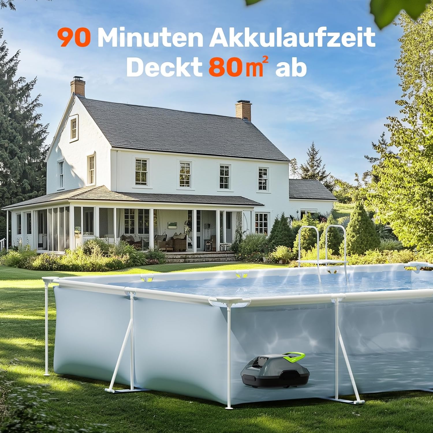 Poolroboter, Akku Poolsauger mit 90 Min. Reinigungszeit, Einfach zu Bedienen, Selbstparkfunktion, Poolsauger Bodensauger Ideal für 80 ㎡ Oberirdische Pools, Grau-Grün