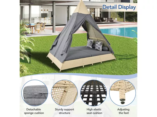 Lit de jardin - tente en rotin pour 2 personnes - avec rideau et coussins - Beige