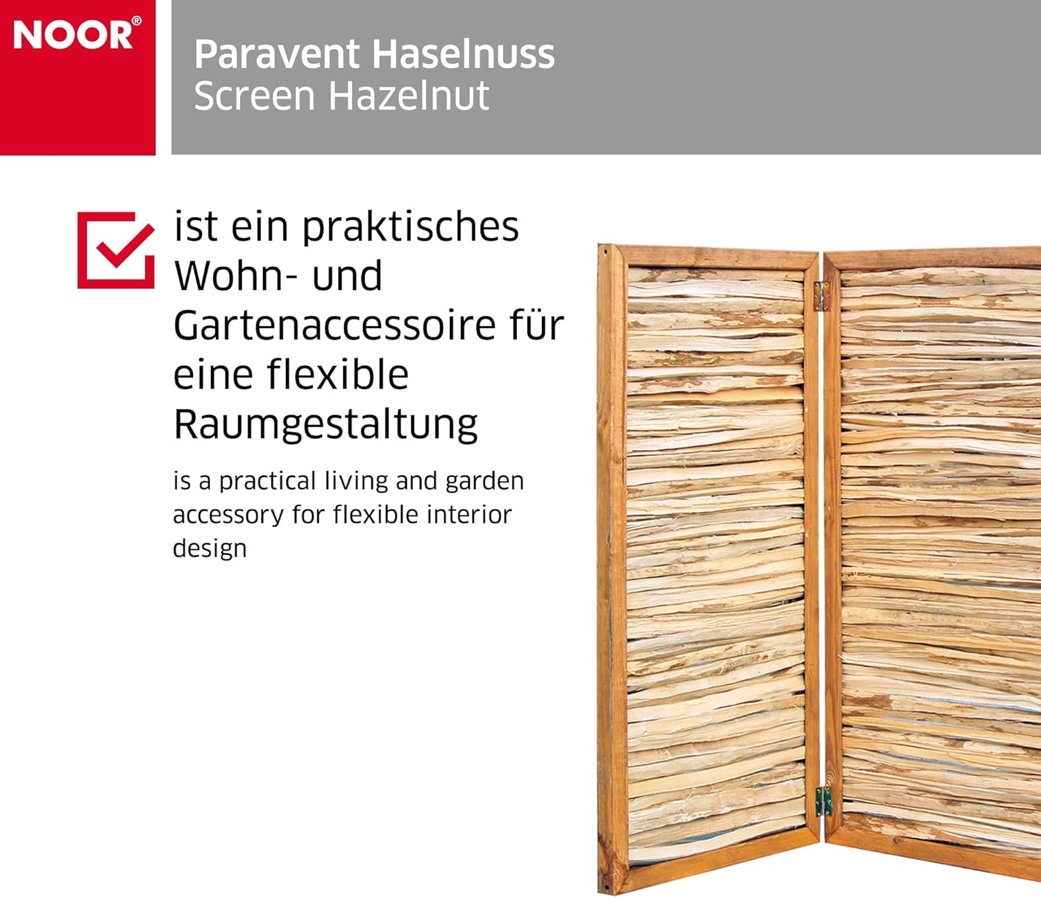 NOOR Haselnuss Paravent - Sichtschutz 3-teilig klappbar für Outdoor - wetterfester Windschutz für Terrasse, Garten und Balkon - natürliche Trennwand Holz-Rahmen Gesamtgröße 120x180 cm CJ5270259