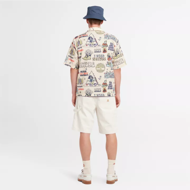 Chemise à motif et col cubain unisexe en beige