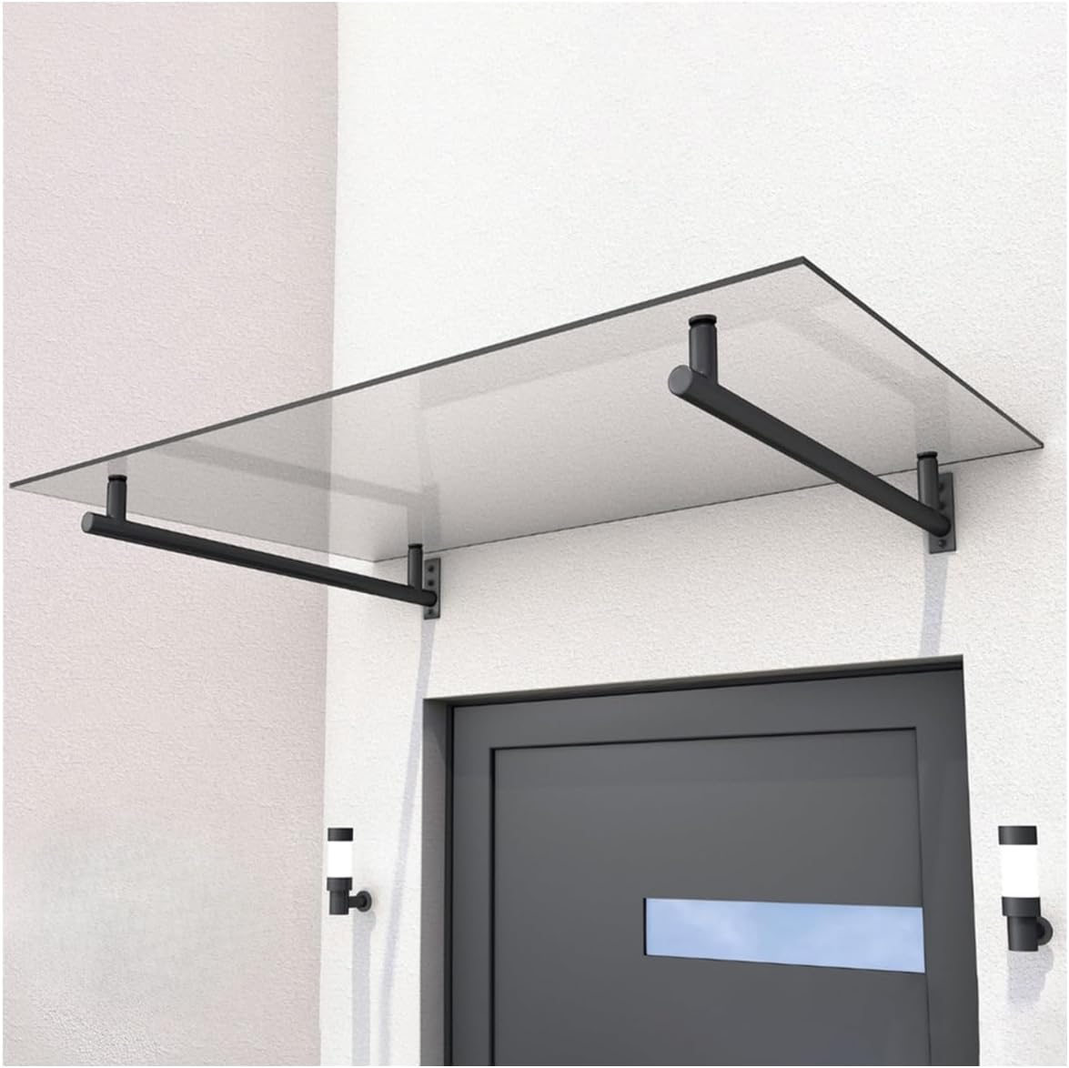 HORI Vordach für Haustür - Eingangstür Überdachung UV-Schutz - Sicherheitsglas Edelstahl Träger Silber - Pultvordach Eingangsbereich - Sonnenschutz wetterfest pflegeleicht - Silber 140 x 80 cm