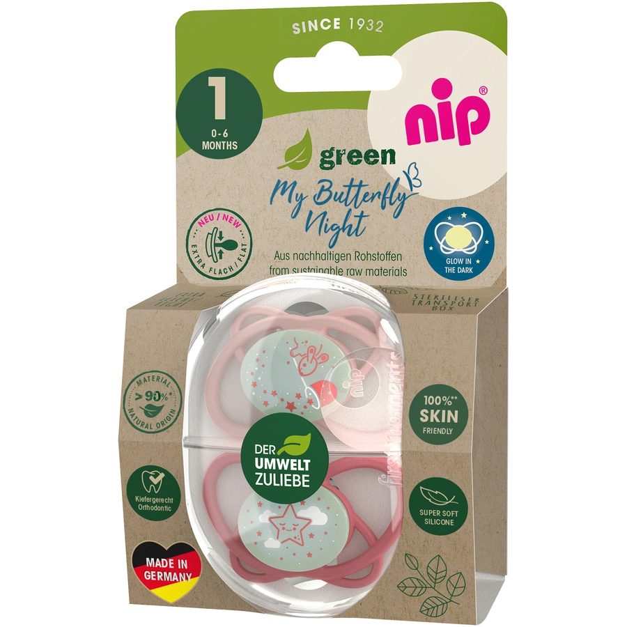 nip® Nachtschnuller My Butterfly Night Green, Größe 1 (0-6 Monate), Silikon Rot