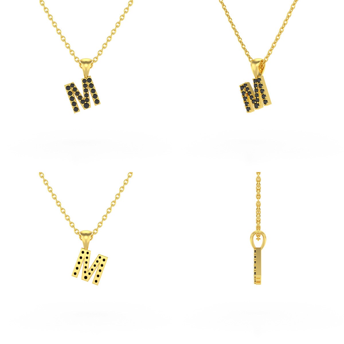 Collier Pendentif ADEN Lettre M Or 750 Jaune Diamant Noir Chaine Or 750 incluse 0.72grs