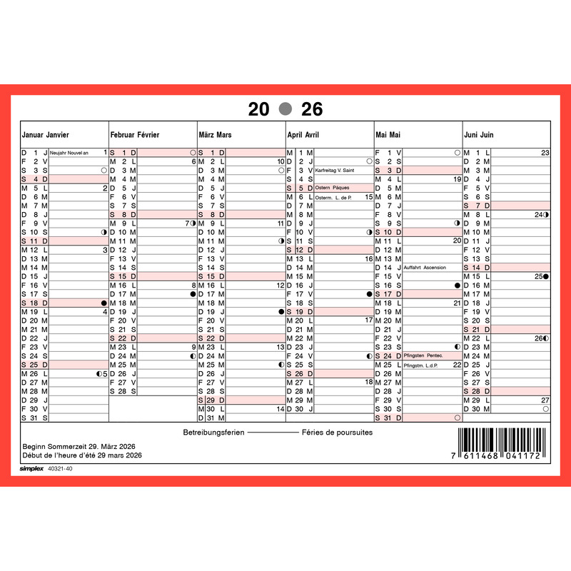 Simplex Wandkalender 2026, A5 quer, 6 Monate / Seite