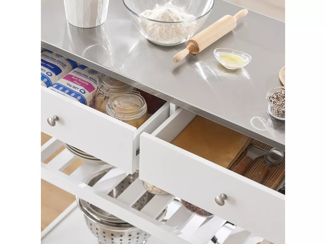 Desserte roulante Chariot de cuisine de 2 étages avec grand plan de travail en Acier Inox, FKW47-W