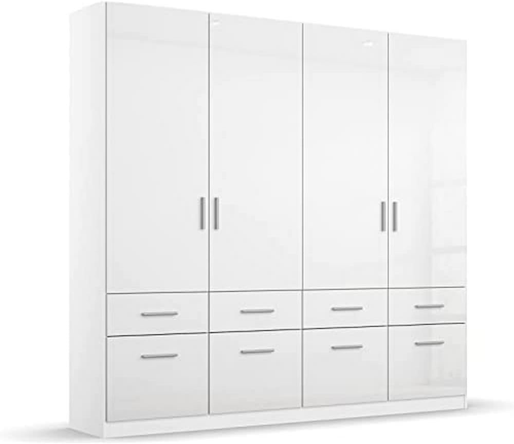 Rauch Möbel Celle Schrank Drehtürenschrank in Weiß/Hochglanz Weiß, 4-türig mit 8 Schubladen, inkl. Zubehörpaket Basic 1 Kleiderstange 2 Einlegeöden, BxHxT 181x197x54 cm