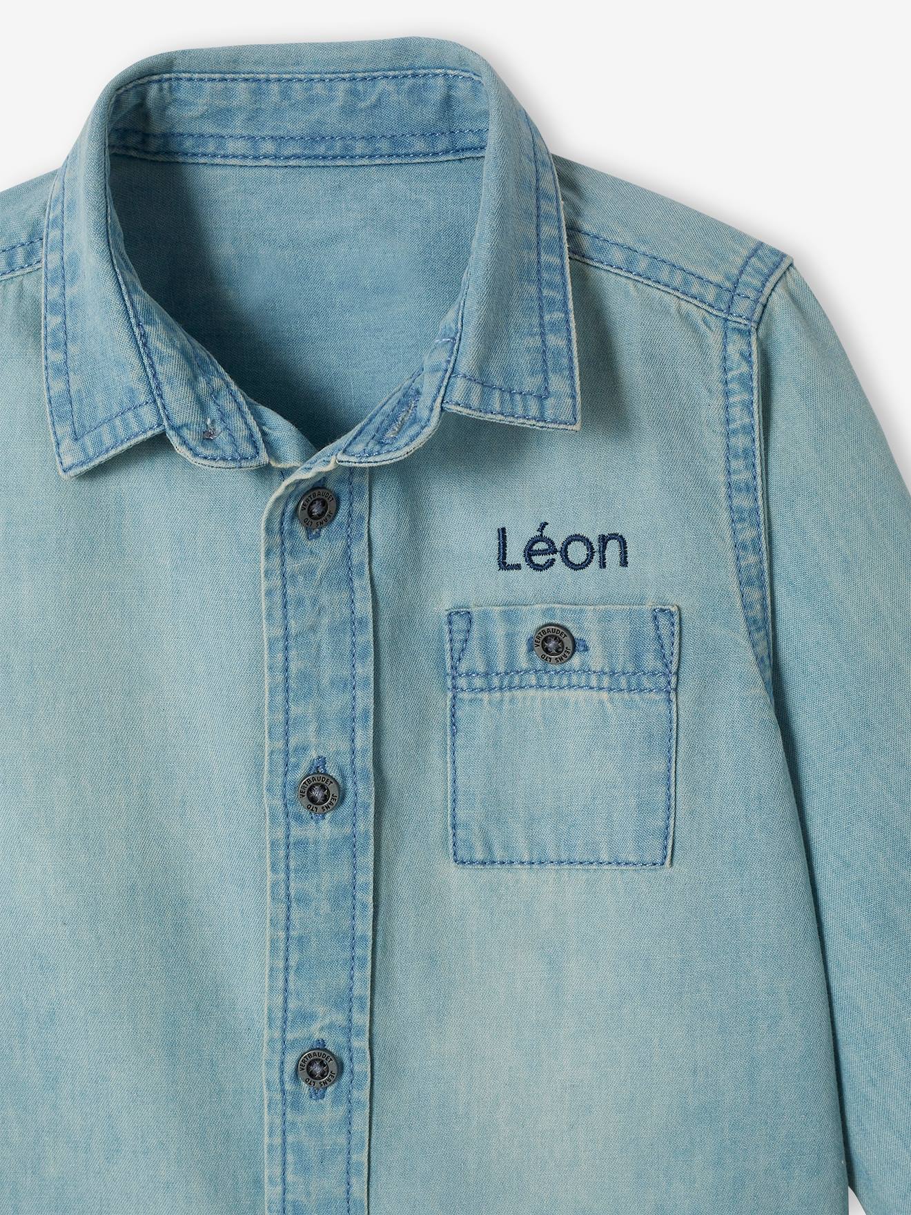 Camisa jeans personalizável para bebê menino, lavagem azul clara
