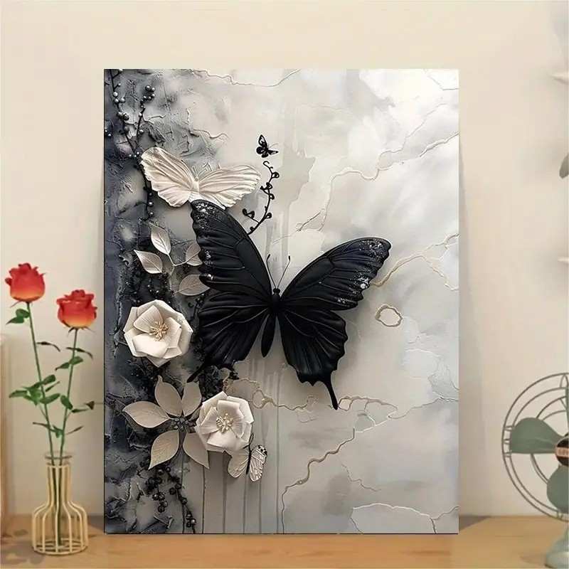 (9-tlg. Set) 40x30cm Malen Nach Zahlen DIY Leinen Tuch für Erwachsene und Kinder inkl. Bildaufhänger - Schmetterling