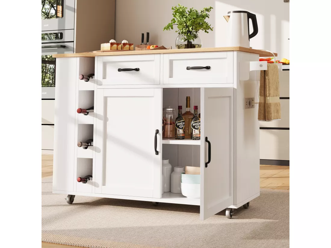 Ilot central de cuisine mobile avec 2 portes, 2 tiroirs et 4 Porte-Bouteilles - Plateau extensible - 131.5x43(76)x90.7cm - MDF - Blanc et naturel
