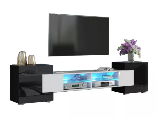 MEUBLE TV PABLO 230 cm avec LED Blanc Mat et Noir Laqué