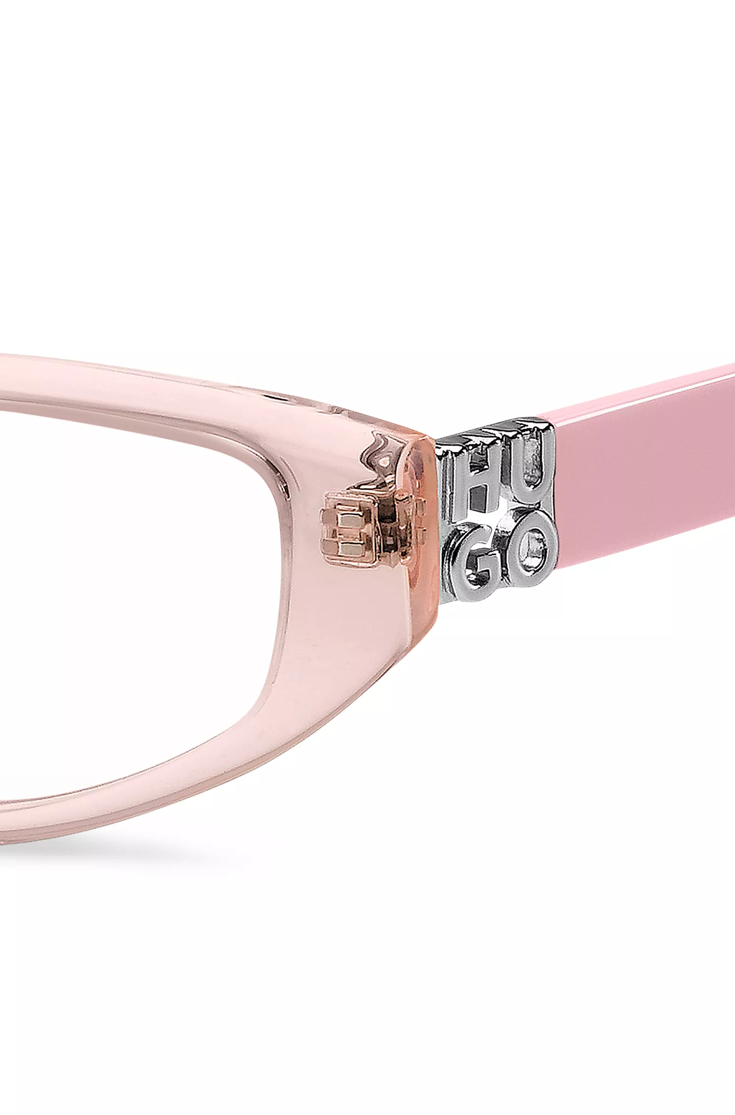 Armação de óculos HUGO em acetato vermelho e rosa com monograma 3D.
