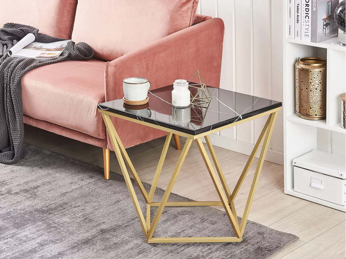 Table appoint carrée effet marbre noir / pied or 50 x 50 cm MALIBU